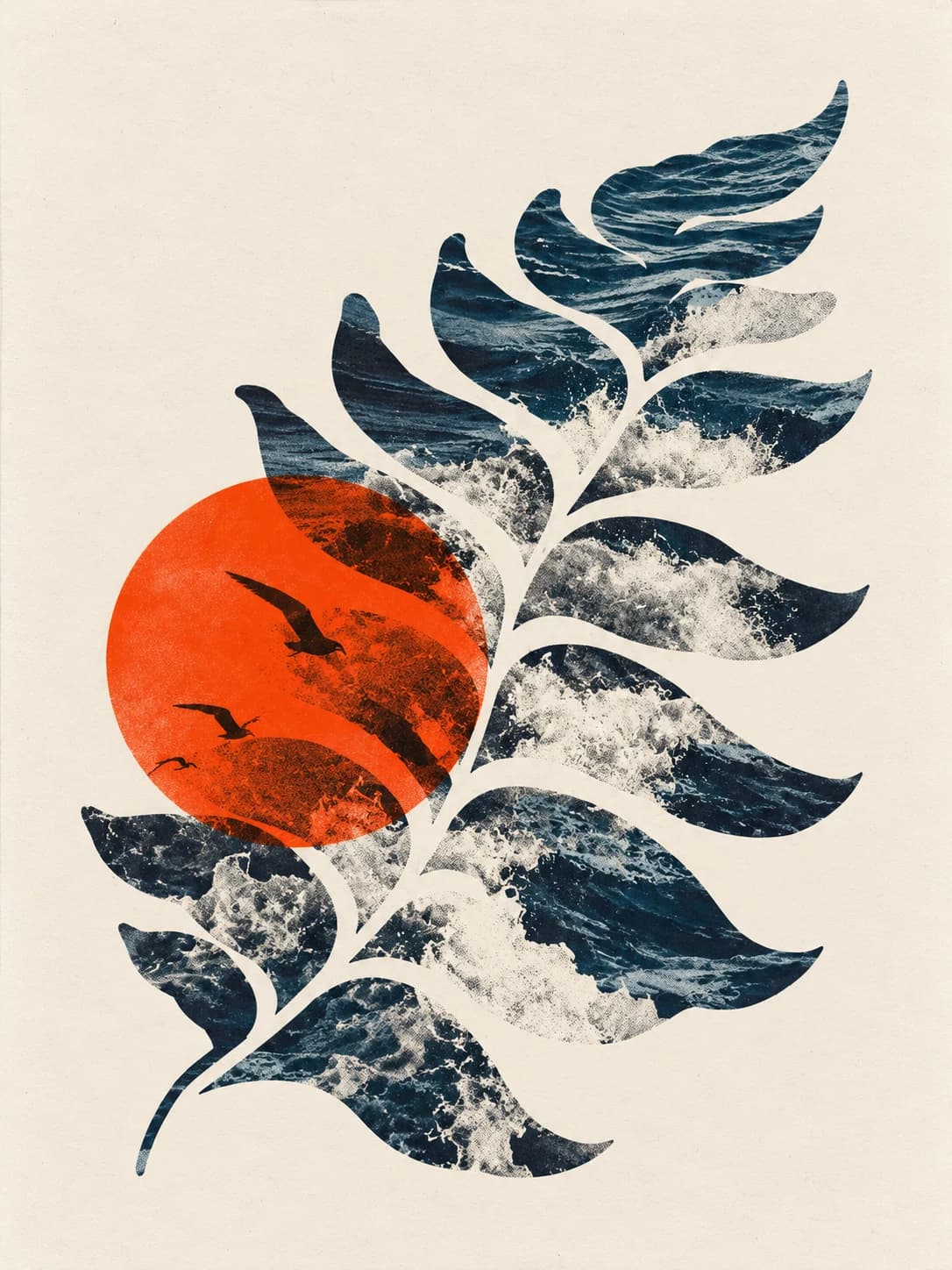 A fern made of ocean waves, with an orange sun and seabirds, in a textured screenprint