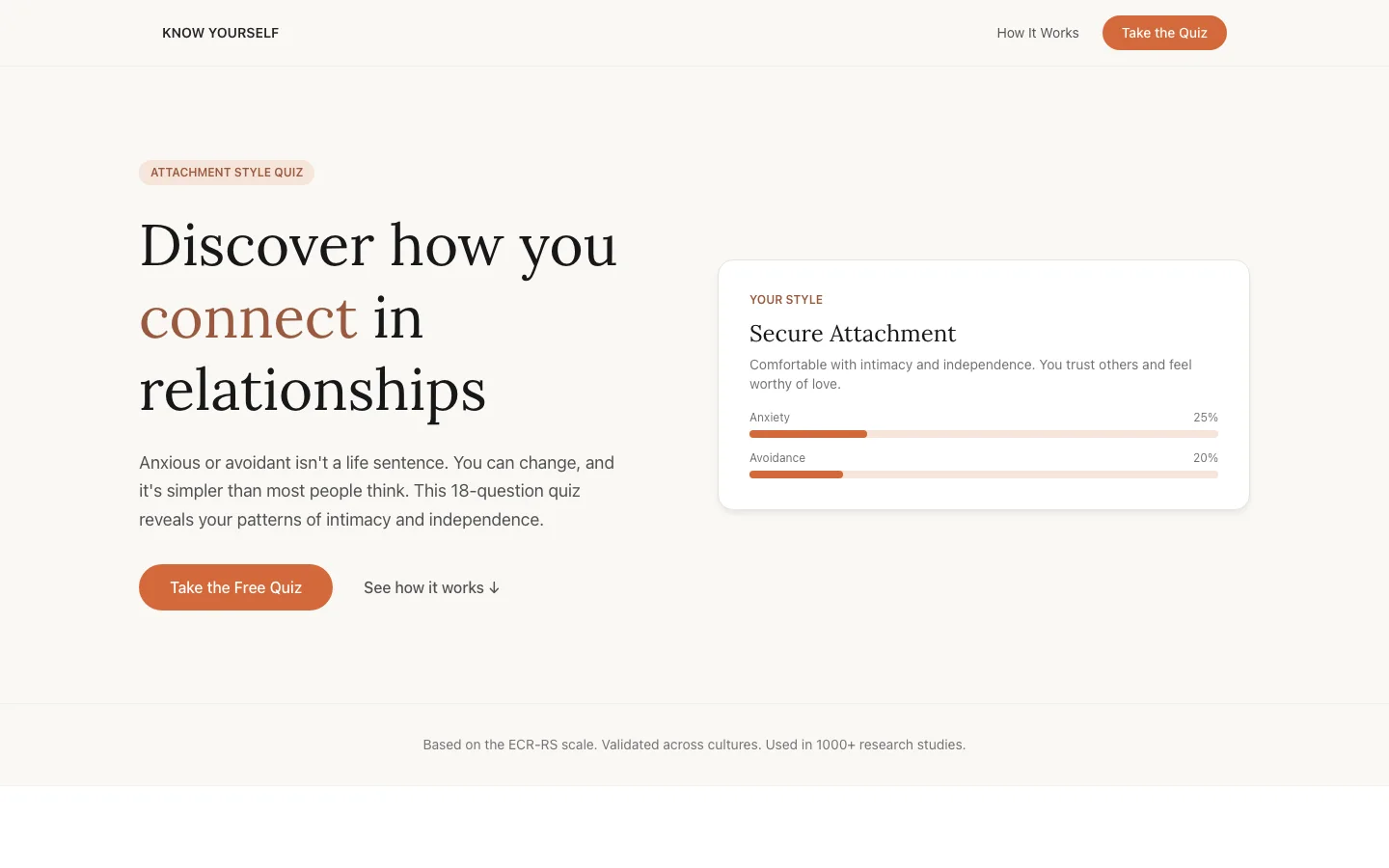 Know Yourself attachment style quiz landing page