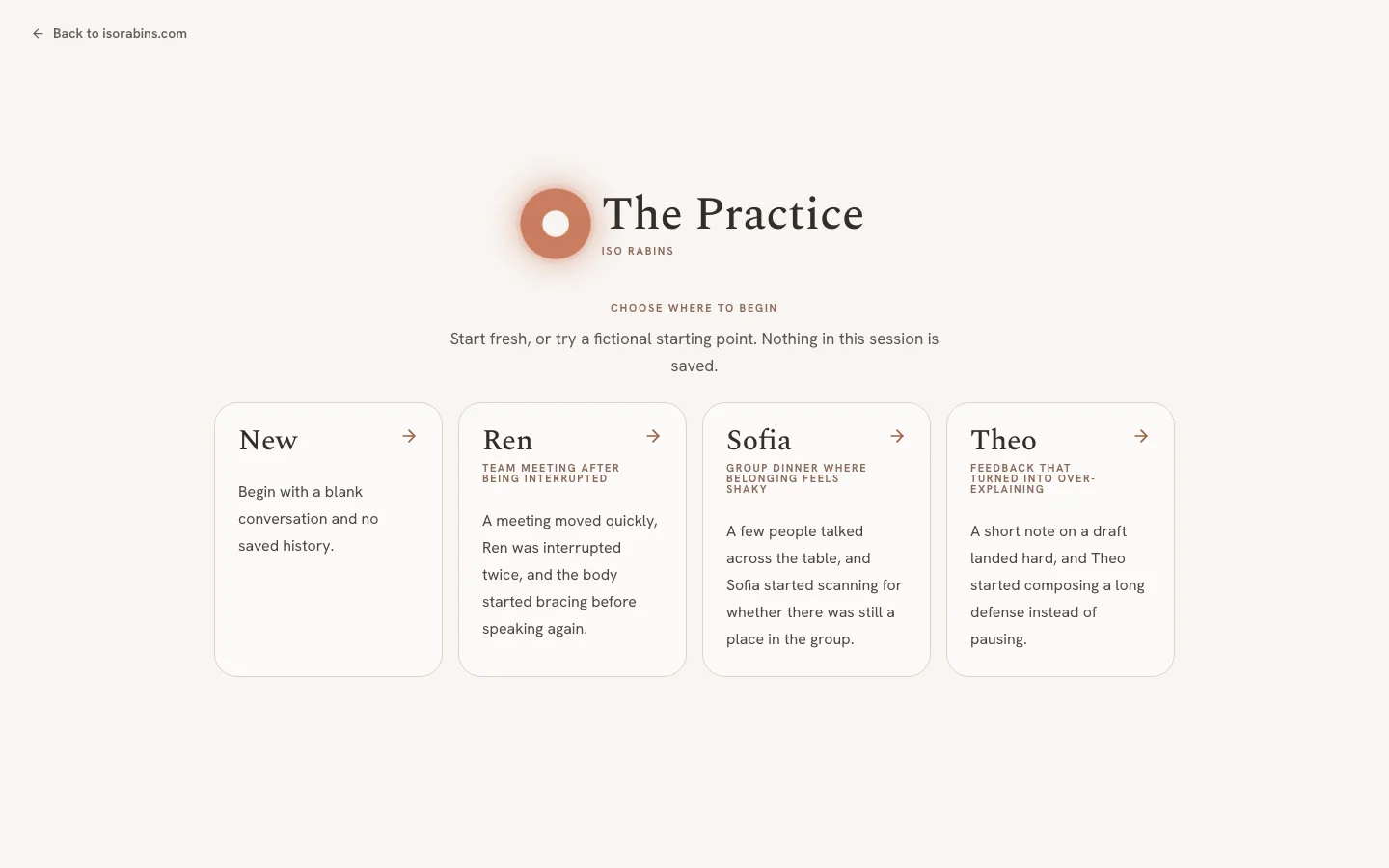 The Practice public demo showing four fictional starting points